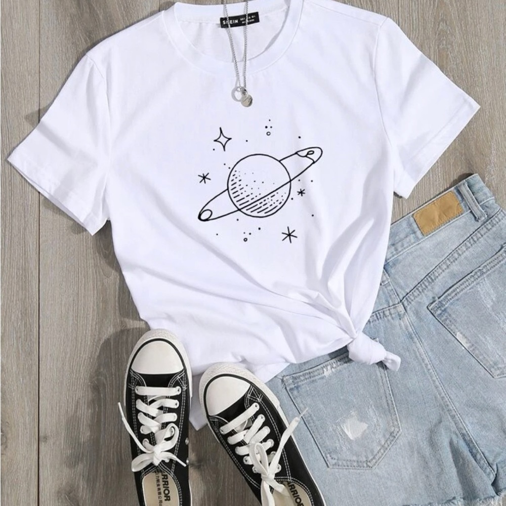 SHEIN EZwear Planet Print Round Neck Tee